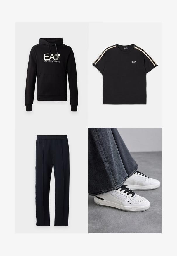 Juodas gobtuvu megztinis su kengūros kišene, ant krūtinės išryškintas baltas EA7 Emporio Armani logotipas. Minkšta medvilnės mišinys.; Juodas medvilninis marškinėlis su trumpomis rankovėmis. Pabrėžti kontrastingi smėlio spalvos dryžiai ant pečių ir mažas prekės ženklas ant krūtinės.; Juodi, siaurėjantys kelnių su elastinga juosmens juosta, turintys dvi šonines kišenes ir baltą juostą, einančią per išorinę koją. Sklandus paviršius.; Balsuoti baltieji sportbačiai su juodomis raištelėmis ir tinklo detalėmis. Turintys lygią odinę viršutinę dalį ir tekstūruotą gumos padą. Su plačiais pilkais džinsais.