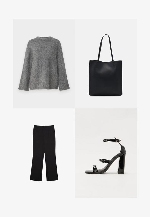 Gina Tricot BLEND SWEATER - Pulover - mid grey; Črne hlače ravnega kroja z naglavnimi žepi in stranskimi razporki na robu. Narejene iz mehke, gladke tkanine. Primerne za različne priložnosti.; Črne lakirane sandale s peto, kvadratnim prstom, trakovi okrog gležnja in srebrnimi zaponkami. Opremljene so s stabilno Debelo peto.; Črna usnjena torba s svilnato teksturo, pravokotne oblike in dvema dolgima ročajema. Brez vidnih metalnih delov ali okrasnih elementov.