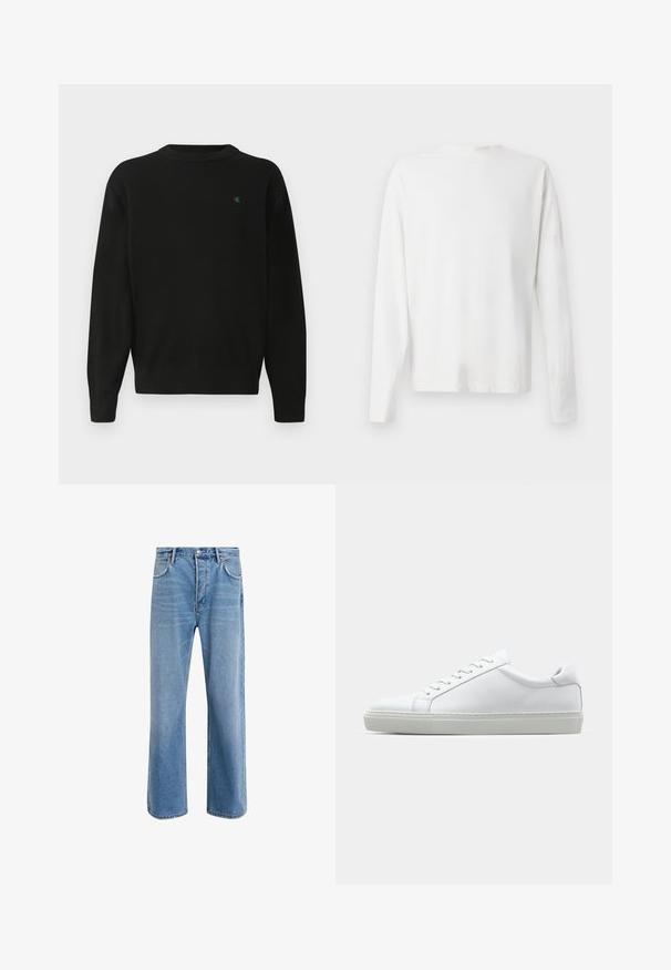 Svart sweatshirt med rund halslinning, ribbede mansjetter og kant. Har en liten grønn logo på brystet. Laget av myk, lett stoff.; Langermet hvit bomullsskjorte med rund hals, sidespalter nederst og en jevn tekstur, vist fra baksiden.; Lys blå denimjeans med rett ben-design, fem lommer, knappeåpning, minimal falming og kontrasterende sømdetaljer.; Hvit sneakers med en glatt skinnoverdel og lav profil. Har en rund tå, seks snøring hull, og en teksturert gummisåle.