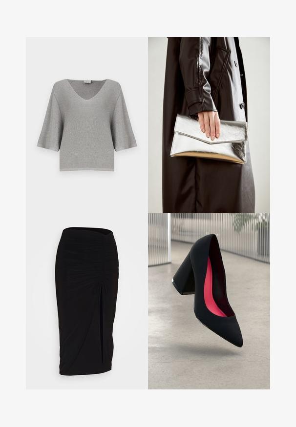 Grå kortermet strikket topp med V-hals, med en subtil glans og ribbet tekstur. Boksformet med en avslappet passform.; Svart, rynket blyantskjørt med knyting og sidelits. Laget av et elastisk stoff, med en glatt tekstur og en kroppsnær passform.; Svart høye hæler med spiss tå, teksturert overflate og en livlig rosa innside. Har en kraftig hæl med sølvdetaljer.; Sølv metallisk clutch med et vinklet konvoluttdesign, glatt tekstur og kontrastfarge på innsiden, holdt i en hånd iført en svart kåpe.