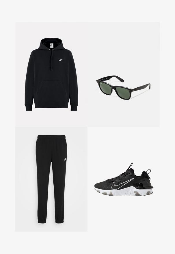 Crna dukserica od mekog materijala, s prednjim kengur džepom, kapuljačom s ušicom, rebrastim manžetama i malim bijelim Nike logotipom na grudima.; Crne trenirke s elastičnim pojasom, manžetama na gležnjevima i malim bijelim Nike logotipom s lijeve strane. Izrađene su od meke teksturirane tkanine.; Crne atletske tenisice s teksturiranim gornjim dijelom, bijelim Nike swooshom i debelim bijelim potplatom. Imaju petnu traku za lakše oblačenje.; Crne plastične sunčane naočale s zelenim staklima, kvadratni okviri, srebrni naglasak na obrvi i teksturirane ručke. Naziv brenda naveden na unutrašnjoj strani ručke.