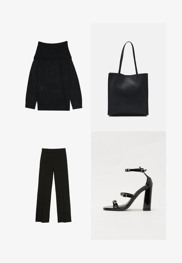 Fekete kötött pulóver széles, bordás lecsúsztatott gallérral, hosszú ujjakra és laza fazonra tervezve. Puha anyag, egyszínű.; Fekete, bő szárú nadrág sima anyagból, melynek kényelmes derékrésze és diszkrét elülső redők adnak extra textúrát.; Fekete lakk magas sarkú szandál négyzet alakú orral, bokapántokkal és ezüst csatokat tartalmaz. Masszív blokk sarka a stabilitásért felel.; Fekete bőrtáska sima felszínnel, téglalap alakú, két hosszú füllel. Nincs látható fémkiegészítő vagy díszítés.