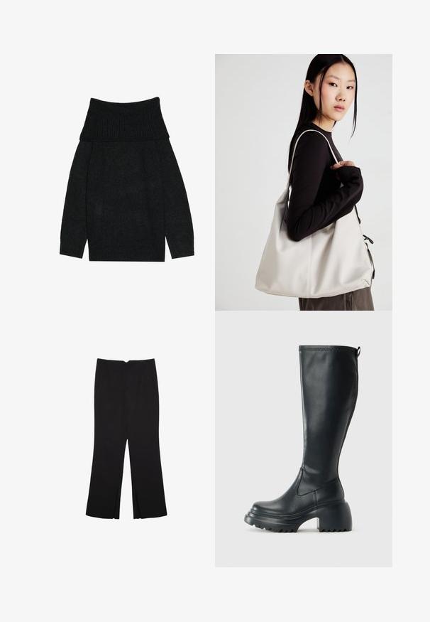 Schwarzer, gestrickter Pullover mit breitem, geripptem Carmen-Kragen, langen Ärmeln und lockerer Passform. Weiche Textur in einfarbiger Ausführung.; Schwarze Hose mit geradem Schnitt, ausgestattet mit Fronttaschen und Seitenschlitzen am Saum. Hergestellt aus weichem, glattem Stoff. Geeignet für verschiedene Anlässe.; Hoher schwarzer Lederstiefel mit einer robusten Plateausohle und Blockabsatz, der über eine Zuglasche und ein strukturiertes Profil an der Außensohle verfügt.; Beige Handtasche aus weichem Material, mit einem lässigen Design, gesteppten Details und zwei Schulterriemen. Geeignet für den täglichen Gebrauch.