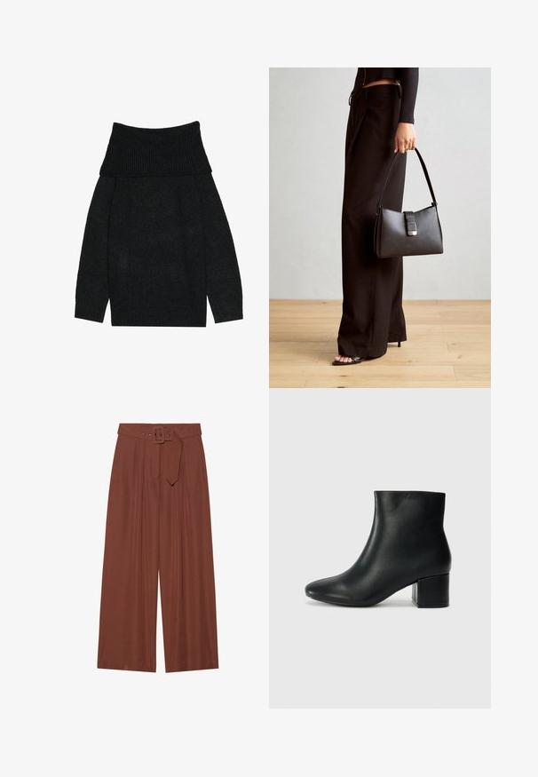 Must mustriga kampsun, millel on lai ribakraega õlgadele langev krae, pikad varrukad ja lahti istuv lõige. Pehme tekstuur ja ühtlane värv.; Küljed on laiad pruunidest kangast püksid, millel on ruudukujuline pandla ja pleeditud disain, samuti sile tekstuur.; Mustad nahast pahkluu saapad terava varbaga ja jämeda kandaga. Sile tekstuur minimaalse aktsentidega ja stiilne, lihvitud disain.; Must musta kott, millel on struktureeritud kuju, sile tekstuur ja metallist klamber. Kombineeritud laiate mustade pükstega ja avatud varvaste sandaalidega puidust põrandal.