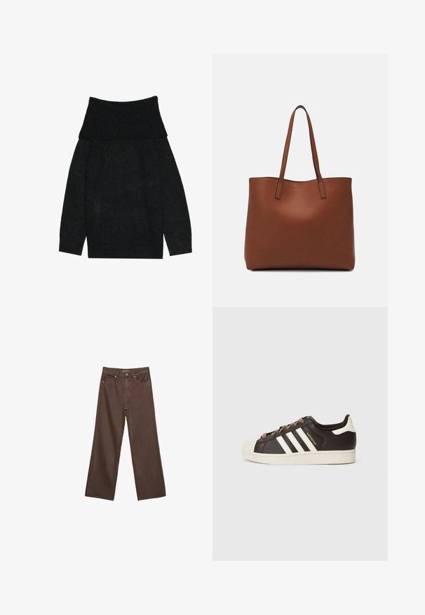 Schwarzer, gestrickter Pullover mit breitem, geripptem Carmen-Kragen, langen Ärmeln und lockerer Passform. Weiche Textur in einfarbiger Ausführung.; Weite braune Jeans aus Denim, mit hoher Taille, Fronttaschen und klassischem Knopfverschluss. Glatte Textur mit feinen Nähten.; Low-Top Adidas Superstar Sneaker aus dunkelbraunem Leder mit cremefarbener Schale an der Spitze, weißen Streifen und dem Schriftzug "Superstar" an der Seite.; Braune Leder-Tote mit glatter Textur, offenem Oberteil und zwei Schulterriemen. Verfügt über minimale Nähte und keine sichtbaren Beschläge.