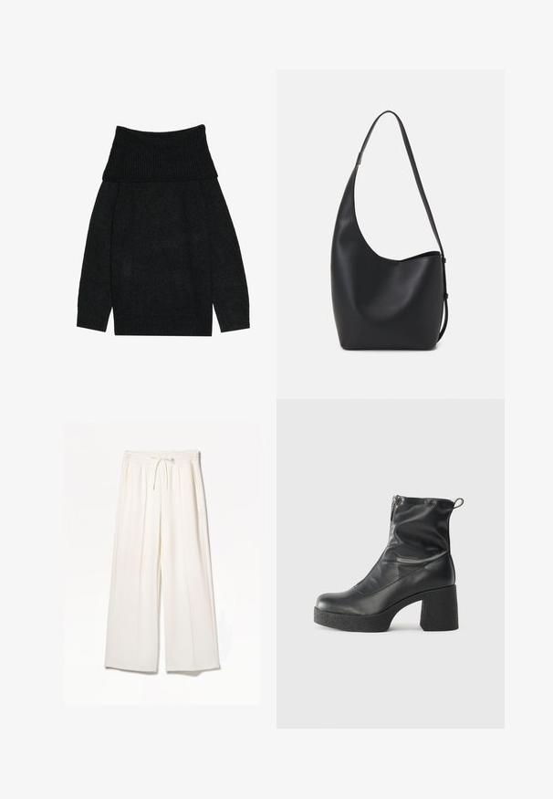 Črn pleten pulover z širokim rebrastim ovratnikom, ki se nosi off-the-shoulder, dolgimi rokavi in sproščenim krojem. Mehka tekstura v enotni barvi.; Bela široka hlače iz lahkega materiala, z elastičnim pasom, vrvico in stranskimi žepi brez vidnih vzorcev.; Črne gležnjarje iz gladke kože z božnim zadrgo, masivnim teksturiranim peto in zaobljeno obliko prstov.; Črna usnjena hobo torba z gladko teksturo, ukrivljeno obliko in eno nastavljivo naramnico; ima širok odprtina na vrhu.