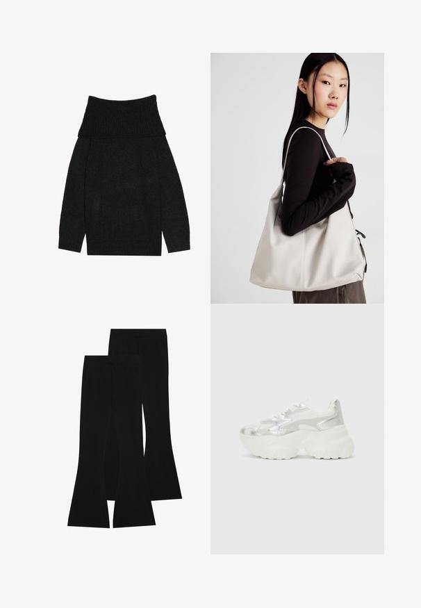 Must mustriga kampsun, millel on lai ribakraega õlgadele langev krae, pikad varrukad ja lahti istuv lõige. Pehme tekstuur ja ühtlane värv.; Mustad klombid, mis on valmistatud venivast kangast, kõrge vöökoht ja siledat tekstuuri, sobiva disainiga, mis laienevad põlve kõrguselt.; Hõbedane sneaker, millel on tekstuuriga võrgust ülemine osa ja iridesSentne aktsent, pakub tummist valget tallat ja nööridega sulgemist.; Bež käekott pehme materjali, millel on lõtv disain, õmblustega detailid ja kaks õlarihma. Sobib igapäevaseks kasutamiseks.