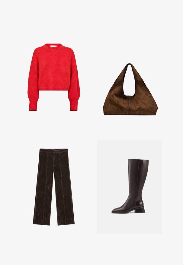Roter, kurz geschnittener Pullover mit gerippter Textur, langen Ärmeln und rundem Ausschnitt. Verfügt über ein dekoratives Metallelement am Halsausschnitt.; Bequeme weit geschnittene Hosen in Dunkelbraun, mit einer samtartigen Textur, vertikalen Nähdetails und einem elastischen Taillenbund.; Knöchelhohe, braune Lederstiefel mit glatter Oberfläche, abgerundeter Spitze und gestapeltem schwarzen Absatz. Schlichtes Design mit minimalen Hardware-Details.; Braune Wildleder-Schultertasche mit offenem Oberteil. Sie verfügt über einen tiefen, breiten Körper, einen ausgeschnittenen Griff und minimale Nähte für ein sauberes Design.; Braune Lederhandschuhe mit glatter Textur, fünf Fingern, elastischem Handgelenk und dekorativer Naht entlang der Kante.