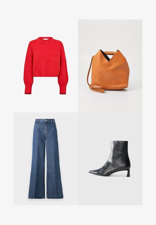 Roter, kurz geschnittener Pullover mit gerippter Textur, langen Ärmeln und rundem Ausschnitt. Verfügt über ein dekoratives Metallelement am Halsausschnitt.; Weite blaue Jeans mit hoher Taille, im klassischen Five-Pocket-Stil und mit Knopfverschluss, aus strukturierter Baumwollstoff gefertigt.; Schwarze Lederstiefelette mit spitzer Zehe und schlankem Design. Verfügt über einen niedrigen Absatz und einen Reißverschluss hinten. Glatte Textur.; Braune Lederhandtasche mit einzigartigem dreieckigem Faltendesign, Obergriff und abnehmbarem Schultergurt auf weißem Hintergrund.