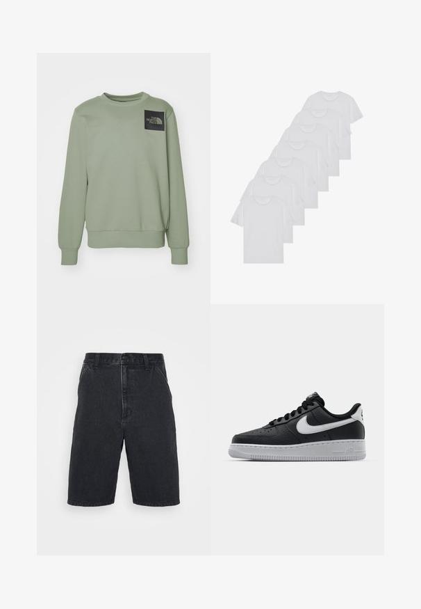 The North Face M FINE CREW - Felpa - clay grey; T-shirt bianchi in cotone, maniche corte, design a collo tondo, texture liscia, impilati in fila, con un sottile marchio all'altezza del collo.; Shorts in denim nero con taglio dritto, dotati di chiusura con bottone e due tasche laterali. Orlo non completo con sottili dettagli di scolorimento.; Sneaker in pelle nera con superficie texture, baffo Nike bianco, suola grigia, punta rotonda e design con lacci. Presenta delle perforazioni sulla punta.