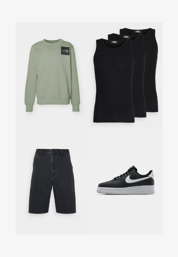 The North Face M FINE CREW - Felpa - clay grey; Magliette senza maniche nere in confezione da tre. Texture a coste, scollatura a giro standard. L'orlo presenta un piccolo logo del brand nella parte inferiore.; Shorts in denim nero con taglio dritto, dotati di chiusura con bottone e due tasche laterali. Orlo non completo con sottili dettagli di scolorimento.; Sneaker in pelle nera con superficie texture, baffo Nike bianco, suola grigia, punta rotonda e design con lacci. Presenta delle perforazioni sulla punta.