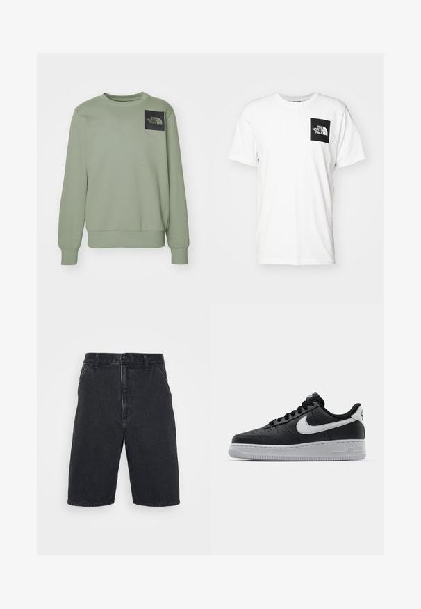 The North Face M FINE CREW - Mikina - clay grey; Bílý bavlněný tričko s černou čtvercovou kapsou a bílým logem "The North Face". Krátké rukávy a design s kulatým výstřihem.; Černé džíny šortky s rovný střihem, s uzavíráním na knoflík a dvěma postranními kapsami. Nedokončený lem s jemnými detaily vyblednutí.; Černé kožené tenisky s texturovaným povrchem, bílým logem Nike, šedou podrážkou, kulatou špičkou a designem na šněrování. Obsahují perforace na špičce.