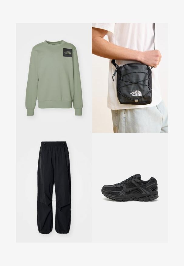 The North Face M FINE CREW - Sudadera - clay grey; Pantalones cargo ligeros negros con cinturilla elástica, cremalleras laterales y bolsillos amplios. Presentan un corte holgado y puños ajustados.; Zapatilla deportiva negra con parte superior de malla, suela de goma y acentos texturizados. El diseño incluye un sistema de lazado pronunciado y una suela acolchada.; Bolso cruzado de nylon negro con superficie texturizada, correa ajustable y detalle de cordón elástico. Presenta el logo de "The North Face" en blanco.