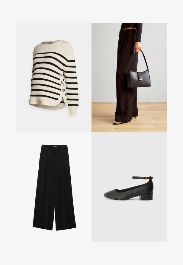 Sweter w paski w kolorze kremowym i czarnym, z prążkowaną teksturą, okrągłym dekoltem, bocznymi guzikami i lekko zaokrąglonym dołem.; Czarne spodnie szerokie z teksturowanej tkaniny, z elastycznym paskiem w talii i odpinanym paskiem w talii dla regulowanego dopasowania.; Czarne skórzane szpilki z ostrym noskiem i niskim słupkowym obcasem. Wyposażone w pasek na kostkę z złotym zapięciem. Gładka tekstura.; Czarna torebka o usztywnionym kształcie, gładkiej fakturze i metalowym zapięciem. Połączona z szerokimi czarnymi spodniami i sandałami na otwartym palcu na drewnianej podłodze.