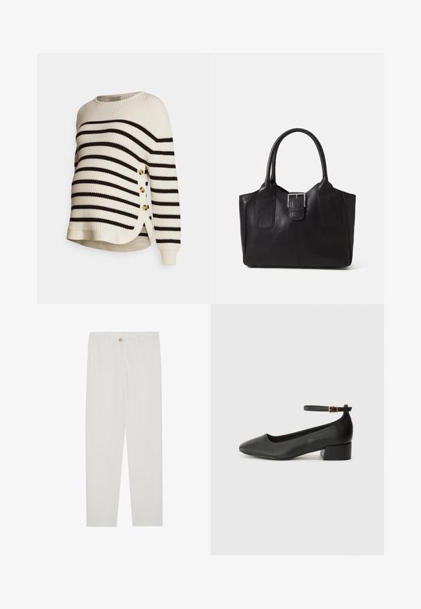 Sweter w paski w kolorze kremowym i czarnym, z prążkowaną teksturą, okrągłym dekoltem, bocznymi guzikami i lekko zaokrąglonym dołem.; Białe, dopasowane spodnie z prostymi nogawkami, posiadające zapięcie na guzik, szlufki na pasek oraz kieszenie boczne; gładka tekstura materiału.; Czarne skórzane szpilki z ostrym noskiem i niskim słupkowym obcasem. Wyposażone w pasek na kostkę z złotym zapięciem. Gładka tekstura.; Czarna skórzana torba tote o gładkiej fakturze, usztywnionym kształcie, dwóch uchwytach oraz wyraźnym srebrnym zapięciu na przodzie.