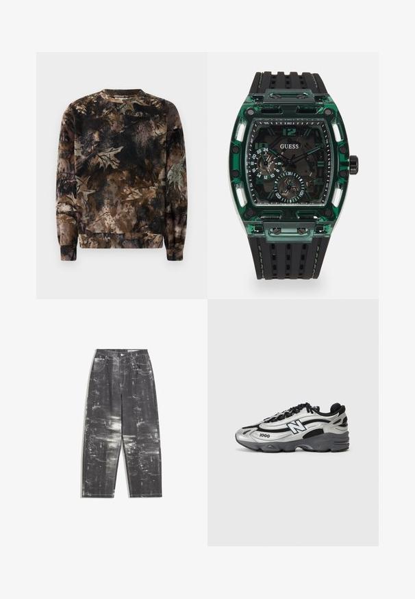 Braun camouflage-musterter Pullover mit Rundhalsausschnitt, langen Ärmeln und gerippten Bündchen, gefertigt aus weichem, strukturiertem Stoff.; Schwarze Jeans aus Denim mit einem strukturierten abstrakten Muster in Grautönen, ausgestattet mit einem klassischen Fünf-Taschen-Design und geradem Bein.; Silberne und schwarze Sportschuhe mit einem Obermaterial aus Netzgewebe, gepolstertem Sohlendesign, Schnürverschluss und seitlichem Branding-Detail.; Guess-Uhr mit einem rechteckigen grünen Kunststoffgehäuse, schwarzem strukturiertem Gummiband und mehreren Zifferblättern mit großen Zahlen und Akzenten.