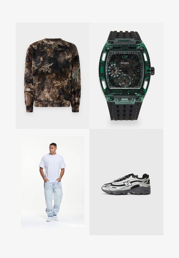 Bruine sweater met camouflagepatroon, ronde hals, lange mouwen en geribbelde manchetten, gemaakt van zachte, gestructureerde stof.; Witte katoenen t-shirt, losse pasvorm, gecombineerd met lichtblauwe versleten denim jeans met rafelige randen en zwarte verfspatten.; Zilveren en zwarte sportschoenen met een bovenwerk van mesh, een gevoerde zool, vetersluiting en een zijlogo.; Guess horloge met een rechthoekige groene plastic behuizing, een zwarte rubberen band met textuur, en meerdere wijzers met vetgedrukte cijfers en accenten.