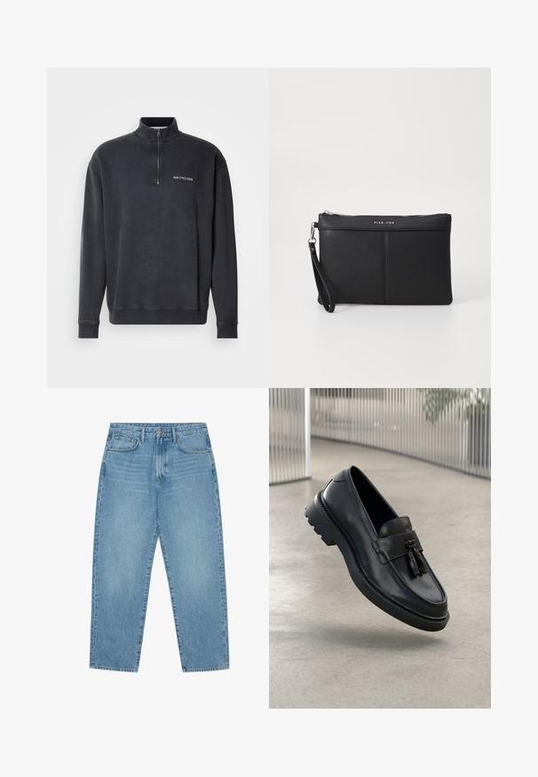 Dunkelgrauer Sweatpullover mit Viertelreißverschluss aus Baumwollmischung. Mit geripptem Kragen und Bündchen, sowie einem kleinen weißen Logo auf der Brust. Glatte Textur.; Hellblaue Jeans aus Denim mit geradem Bein, Fünf-Taschen-Design und leicht verwaschener Textur. Mit Knopf- und Reißverschluss ausgestattet.; Schwarze Leder-Loafer mit glatter Oberfläche, dekorativem Quasten, dicker Gummisohle und abgesteppten Akzenten. Leichtes und schlankes Design.; Schwarze synthetische Clutch mit Reißverschluss, Handgelenkschlaufe und glatter Textur. Verfügt über dezente Nähte und ein geprägt auf der Vorderseite angebrachtes Logo.