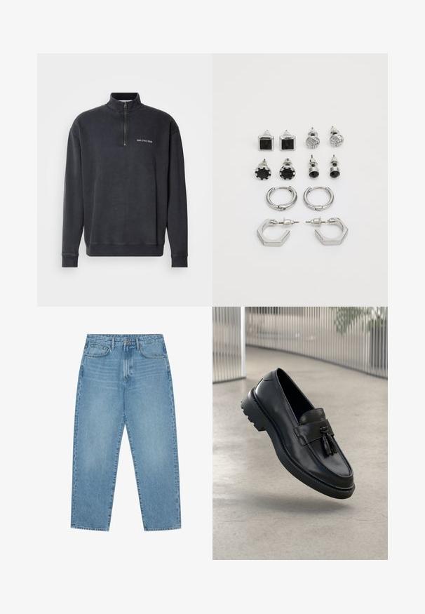 Grijs katoenmix pullover met rits tot kwart. Heeft een geribde kraag en manchetten, met een klein wit logo op de borst. Glad textuur.; Lichtblauwe denim jeans met een rechte pijp, vijfzakkenontwerp en een licht verweerde look. Voorzien van een knoop- en ritssluiting.; Zwarte leren loafers met een gladde afwerking, decoratieve kwast, dikke rubberen zool en gestikte accenten. Lichtgewicht en strak ontwerp.; Set van zilverkleurige oorbellen, bestaande uit twee paar creolen en zes paar stud oorbellen in verschillende vormen en texturen, inclusief zwarte accenten.