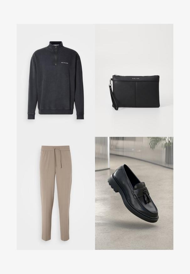 Quarter-zip pullover in dark gray cotton blend. Features ribbed collar and cuffs, with a small white logo on the chest. Smooth texture.; Light beige trousers with an elastic waistband, adjustable drawstring, and tapered legs. Fabric appears smooth with a slight sheen.; Black leather loafers with a smooth finish, decorative tassel, thick rubber sole, and stitched accents. Lightweight and sleek design.; Black synthetic clutch with a zip closure, wrist strap, and a smooth texture. Features subtle stitching and a logo embossed on the front.