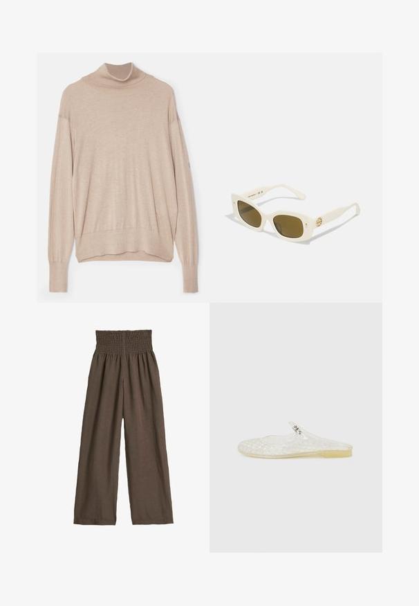 Beige polotröja i mjukt material, med avslappnad passform, långa ärmar och ribbat avslut vid nederkant och ärmar. Diskret struktur.; Bruna linbyxor med en smockad midja. Vid ben-design, lätt textur och subtilt drapering. Inga synliga mönster eller detaljer.; Genomskinlig plastskor med mönster i rutnät, rund tå och en liten silverdetalj på remmen. Flexibel sula i genomskinlig färg.; Vita plastsolglasögon med rektangulärt båge, bruna linser och en gyllene detalj vid skafft.