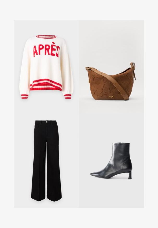 Kreminė megzta maikutė su per dideliu siluetu, raudonu tekstu "APRÈS" ir dryžuotomis raudonomis bei rožinėmis galu ir apačia. Megzto audinio struktūra ir laisvi rankogaliai.; Juodi plačiakojai džinsai, pagaminti iš tvirto audinio, su aukštu juosmeniu, priekinėmis kišenėmis ir priekiniais mygtukais. Lygus hem pastatytoje apačioje.; Juodas odinis kulkšninis batas su smailiu pirštu ir elegantišku dizainu. Turi žemą kulną ir užtrauktuką gale. Lygi tekstūra.; Ruda suedes pečių rankinė su išsiuvinėtu gėlės dizainu, papildyta lygiu ruduo odos diržu ir auksinės spalvos detalėmis.
