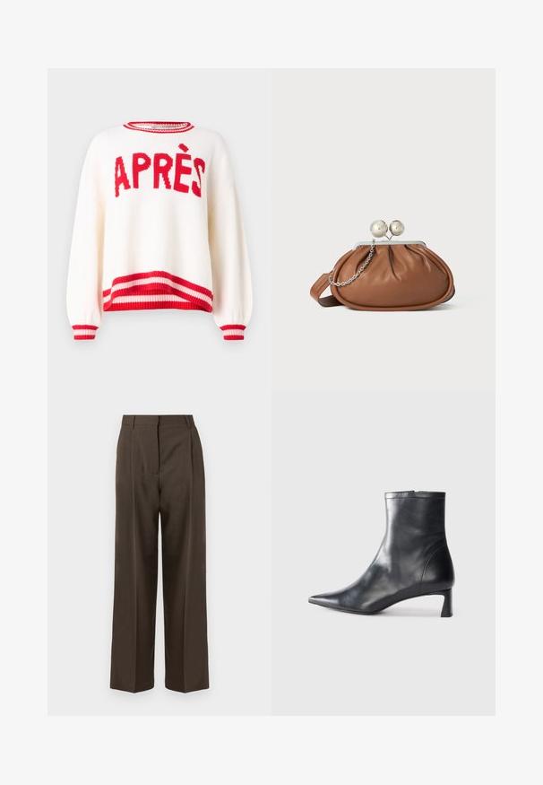 Pullover crem cu o croială supradimensionată, text roșu "APRÈS" și mansete și tiv riguroase în dungi roșii și roz. Textură tricotată și mâneci relaxate.; Pantaloni largi maro, cu o textură netedă, având talie înaltă, plisse pe față și un design croitorie. Fără buzunare vizibile sau decorațiuni.; Cizmă de gleznă din piele neagră cu vârf ascuțit și un design elegant. Dispune de un toc mic și de o închidere cu fermoar la spate. Textură netedă.; Plic din piele maro cu închidere din bilă argintie și un mic detaliu cu lanț argintiu pe un fundal alb.