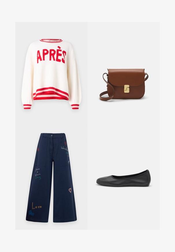 Cream sweater with oversized fit, red "APRÈS" text, and striped red and pink ribbed cuffs and hem. Knitted texture and relaxed sleeves.; Navy blue wide-leg pants in cotton with multiple pockets. Features colorful embroidered text and graphics including hearts and playful phrases.; Black leather ballet flat with a rounded toe, smooth texture, minimal stitching detail, and a flexible sole design.; Brown leather handbag with a flap closure, gold-tone hardware, a shoulder strap, and a smooth texture. Compact rectangular shape.