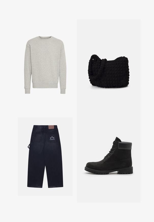 Grijze trui gemaakt van een zachte katoenmix, met een ronde halslijn en geribde manchetten. Eenvoudig ontwerp zonder patronen of accenten.; Donkerdenim broek met een losse pasvorm. Bevat twee achterzakken, een leren label met logo en een vijf-sterren ontwerp op één zak.; Zwarte enkellaars met vetersluiting, voorzien van een gevoerde kraag en een robuuste zool, weergegeven in profiel tegen een witte achtergrond.; Zwarte stoffen tas met een gestructureerd, gewatteerd patroon. Rondvormig, korte, dikke handvatten en een zachte, flexibele structuur.