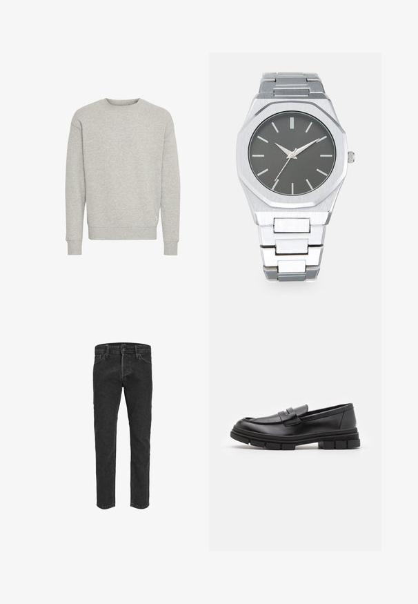 Grijze trui gemaakt van een zachte katoenmix, met een ronde halslijn en geribde manchetten. Eenvoudig ontwerp zonder patronen of accenten.; Zwarte denim jeans met een rechte pasvorm, vijf zakken en riemlussen, met een licht vervaagde textuur en contrasterende stiksels.; Zwarte leren instappers met een gladde afwerking, voorzien van een voorste banddetail en een stevige rubberen zool met gegroefde accenten.; Zilveren analoge horloge met een achthoekige kast, grijze wijzerplaat, zilveren uurmarkers en een bracelet van roestvrij staal. Minimalistisch ontwerp met een gladde textuur.