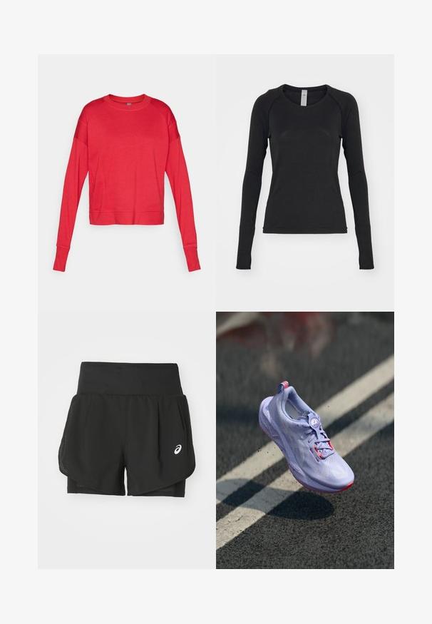 Piros, hosszú ujjú, környakú pulóver, puha anyagból készült, raglán ujjakkal, lapos varrásokkal és ellazult szabással. Nincs látható logó.; Fekete hosszú ujjú póló, puha anyagból készült. Kerek nyakú és rakott ujjal rendelkezik, az ujjak végén hüvelykujjnak való nyílással. Minimalista dizájn.; Fekete sportos rövidnadrág, lélegző hálós felső résszel, sima textúrájú belső rövidnadrággal, és fehér logóval a bal oldalon.; Világosszürke futócipő, texturált felsőrésszel, rózsaszín díszítéssel, kerek fűzőrendszerrel és pöttyözött talppal, aszfalt háttér előtt emelve.