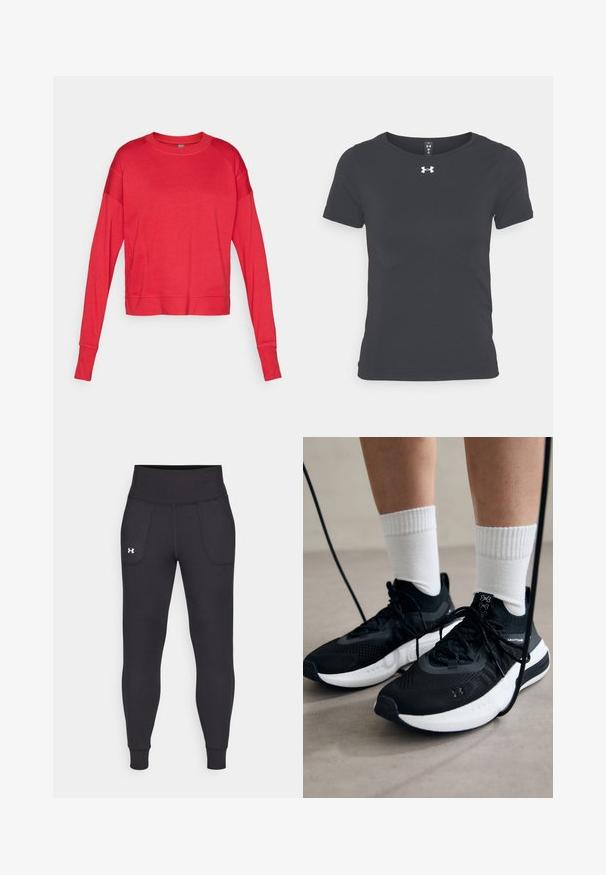 Red long-sleeve crewneck sweatshirt made of soft fabric with raglan sleeves, flat seams, and a relaxed silhouette. No visible branding.; Black short-sleeve athletic shirt made of lightweight material with a round neckline and Under Armour logo on the chest.; Black athletic leggings made from stretchy material, featuring a high waistband, side pockets, and fitted cuffs at the ankle.; Black athletic shoes with textured fabric, white sole, and black laces. Worn with white ribbed socks, standing on a light surface.