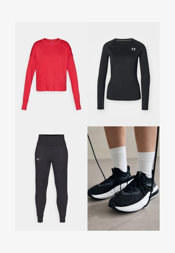 Red long-sleeve crewneck sweatshirt made of soft fabric with raglan sleeves, flat seams, and a relaxed silhouette. No visible branding.; Black long-sleeve athletic shirt made of smooth fabric, featuring a round neckline and a small white logo on the left chest.; Black athletic leggings made from stretchy material, featuring a high waistband, side pockets, and fitted cuffs at the ankle.; Black athletic shoes with textured fabric, white sole, and black laces. Worn with white ribbed socks, standing on a light surface.