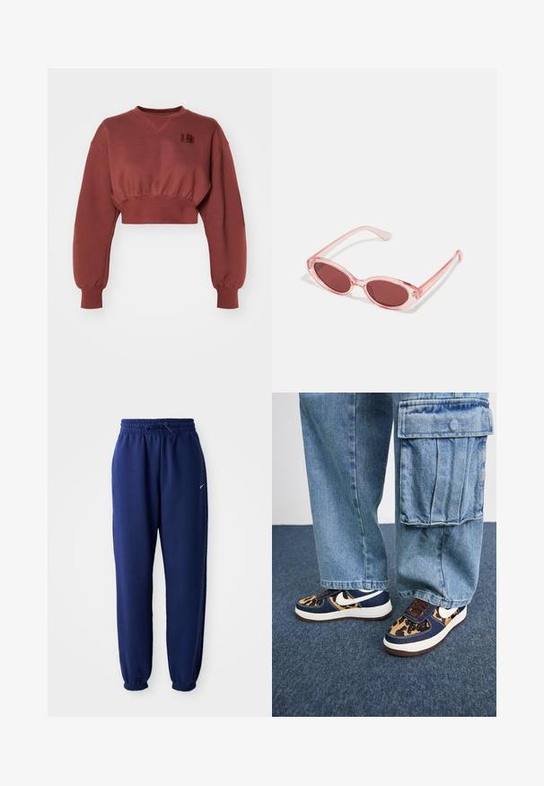 Skraćeni crveni dukserica od mješavine pamuka, sa dugim rukavima, spuštenim ramenima i malim logom na prsima. Teksturna završna obrada.; Mornarsko plave trenirke od mekog materijala, s elastičnom strukom i vezicom, elastičnim rukavima i malim bijelim logotipom.; Tamno plave tenisice s akcentima u uzorku leoparda, bijeli Nike swoosh, smeđi vezice i bijela srednja potplata. Uparene s svijetloplavim trapericama cargo.; Ružičaste prozirne sunčane naočale s ovalnim staklima, tamnocrvenim tonom i tankim drškama, s glatkom površinom i suptilnim detaljima na okviru.