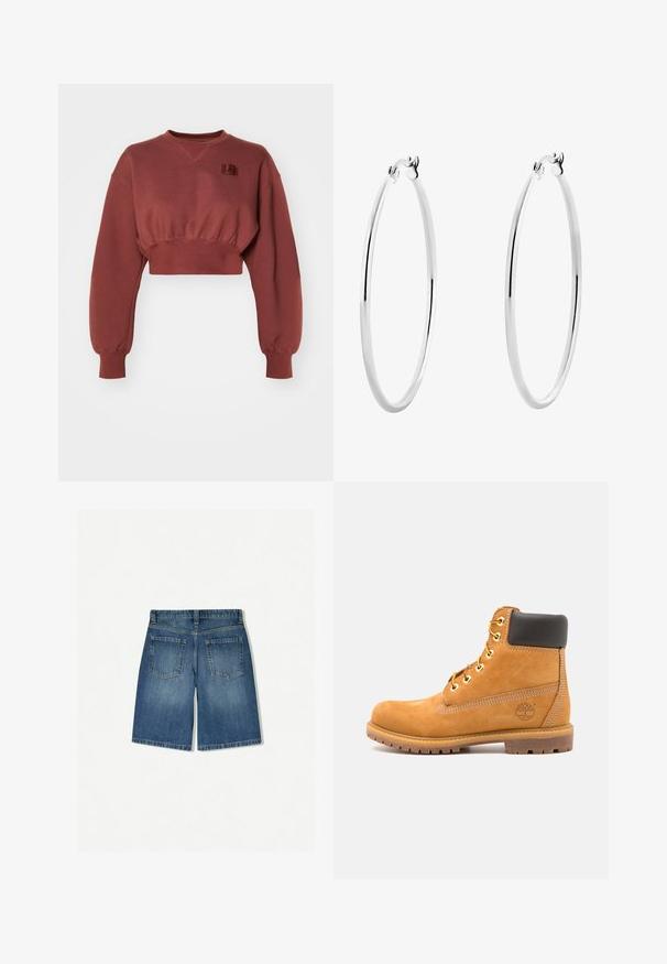 Krótka czerwona bluza z bawełny, z długimi rękawami, opadającymi ramionami i małą łatką z logo na piersi. Teksturowane wykończenie.; Jeansowe szorty w średnim odcieniu niebieskiego o luźnym kroju, z dwiema kieszeniami z tyłu i prostym, czystym dołem. Klasyczny pięciokieszeniowy design.; Brązowy skórzany botek za kostkę z czarnym wykończeniem, złotymi oczkami i teksturowaną podeszwą. Posiada okrągłe logo z boku oraz akcenty w postaci przeszyć.; Srebrne kolczyki w formie obręczy z gładką, polerowaną powierzchnią i cienkim, okrągłym kształtem. Wzór posiada pewne zapięcie.