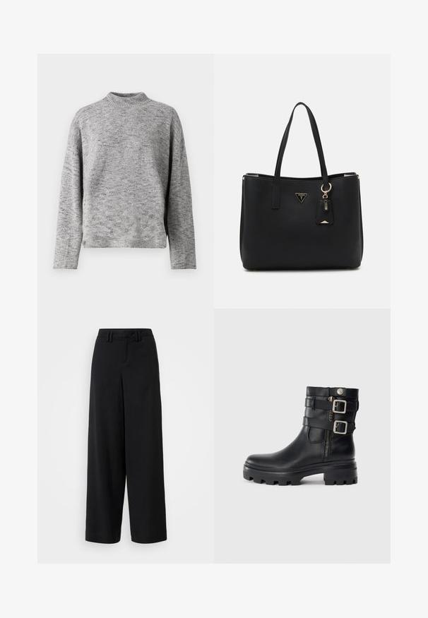 Vaaleanharmaa neulepaita, jossa on korkea kaulus, pitkät hihat ja rento istuvuus. Kankaan pintarakenteessa on hienovarainen laikullinen kuvio.; Mustat leveälahkeiset housut, jotka on valmistettu sileästä kankaasta ja joissa on tasainen etuosa, laskostettuja yksityiskohtia sekä vyölenkit vyötäröllä.; Musta nahkainen nilkkabootsi, jossa on tupla-solkiakselit, vetoketjusulku, paksu pohja ja sileä pinta. Ominaisuuksiin kuuluu kestävä ja tyylikäs muotoilu.; Musta olkalaukku, joka on valmistettu teksturoidusta synteettisestä materiaalista, jossa on kaksi kantokahvaa, kultainen logo-plaaketti ja pieni tagi, jossa on korostusyksityiskohta.