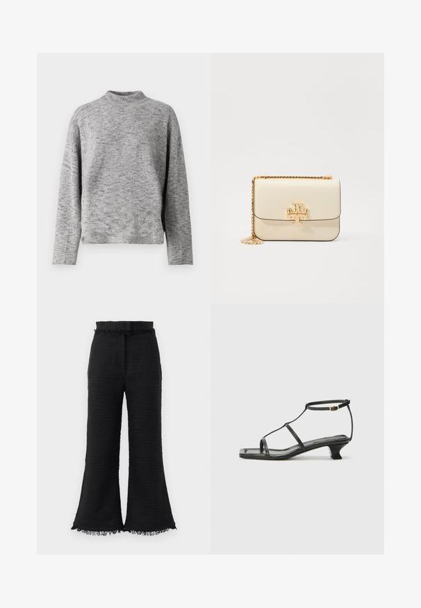 Pull en maille gris clair avec un col montant, des manches longues et une coupe décontractée. Tissu texturé avec un motif légèrement moucheté.; Pantalons larges noirs en tissu texturé, avec ourlet effiloché et taille élastique. Le design présente une finition lisse et une coupe décontractée.; Sandale en cuir noir avec un bout carré, des fines lanières, une bride de cheville ajustable et un petit talon. Présente un petit accent doré sur la lanière.; Sac en cuir crème porté croisé avec une bandoulière en chaîne dorée, arborant un accent de logo doré sur le devant et des lignes lisses et épurées.