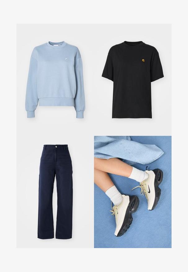 Carhartt WIP CASEY  - Sudadera - frosted blue/silver; Camiseta de algodón negra con un corte relajado. Presenta un cuello redondo y mangas cortas. Incluye un pequeño logotipo bordado en dorado en el pecho.; Pantalones cargo de pierna ancha en azul marino, confeccionados con una tela de algodón resistente, que incluyen bolsillos laterales y cierre de botón en la cintura.; Las zapatillas Nike Air Max presentan un diseño en beige y negro, con una parte superior suave, amortiguación de aire visible y suelas de goma planas.