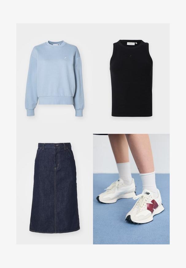 Carhartt WIP CASEY - Felpa - frosted blue/silver; Top senza maniche nero realizzato in tessuto ribbed, con scollatura rotonda e un piccolo logo sul davanti. Design semplice e aderente.; Gonna di jeans scuro con vita alta, taglio dritto, tasche frontali e cuciture a vista. Presenta una chiusura con zip e bottone in vita.; Paio di sneakers bianche con accenti bordeaux, pannelli testurizzati, suola piatta nera e lacci leggeri, indossati con calzini bianchi alla caviglia.