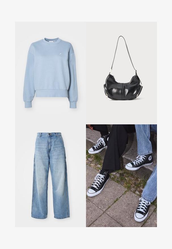 Carhartt WIP CASEY - Sweatshirt - frosted blue/silver; Light blue wide-leg jeans with a high waist, featuring side pockets and a faded texture, crafted from denim material.; Black high-top canvas sneakers with white rubber soles and laces, featuring a circular logo on the side and paired with denim and black pants.; Black leather crescent-shaped shoulder bag with silver zippers on both sides and a single strap.