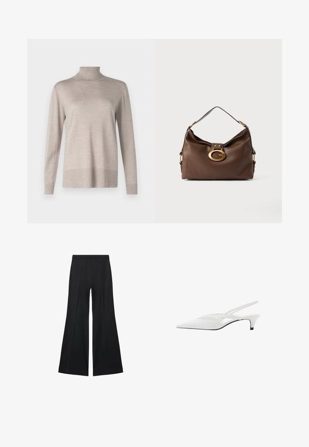 Beige Rollkragenpullover aus weichem Strickstoff. Verfügt über lange Ärmel, gerippte Bündchen und einen körperbetonten Kragen mit glatter Textur.; Schwarze weit geschnittene Hose mit glatter Textur, ausgestattet mit Frontfalten und einem taillierten Design. Der Stoff ist leicht und fließend.; Weißer Slingback-Absatzschuh mit spitzer Zehenpartie, featuring ein glattes Obermaterial, subtile Ausschnitte und einen niedrigen Blockabsatz. Die schwarze Sohle betont das Design.; Braune Handtasche aus Leder mit strukturiertem Finish, ausgestattet mit einem goldfarbigen Verschluss und einem einzigen, geschwungenen Schulterriemen.