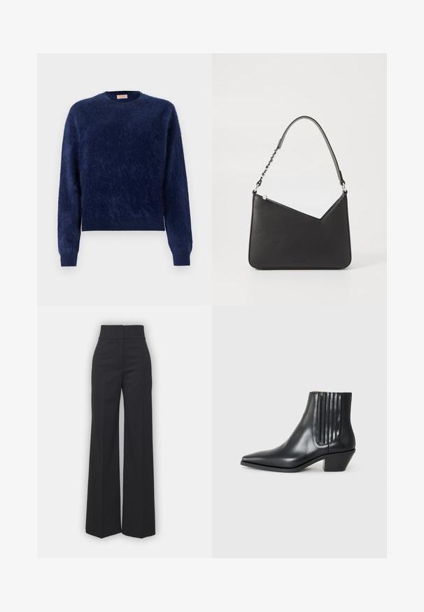 FROM FUTURE HAIRY - Trui - navy; Wijdvallende broek in zwarte stof met een hoge tailleband, met een schone afwerking en een gladde textuur. Geen zichtbare hardware of patronen.; Zwarte leren enkellaars met spitse neus, elastische zijpanelen met verticale groeven en een lage blokhak. Glad oppervlak en slank ontwerp.; Zwart leren handtas met een driehoekige vorm, een slanke strap en zilveren hardware. Voorzien van een ritssluiting en een reliëflogo op de voorkant.