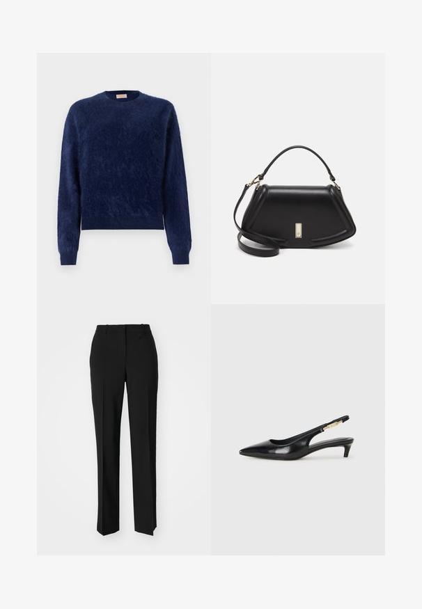 FROM FUTURE HAIRY - Strickpullover - navy; Schwarze, taillierte Hose mit geradem Bein, aus einem glatten Stoff und mit klaren Falten an der Vorderseite. Keine sichtbare Hardware.; Schwarze Leder-Slingback-Pumps mit spitzem Schuhblatt, ausgestattet mit einem schlanken Absatz und einem goldfarbigen Akzent am verstellbaren Riemen. Glatte Textur.; Schwarze Lederhandtasche mit einem strukturierten Design, das eine verkürzte Form, einen oberen Griff und goldfarbene Hardware-Details aufweist. Verstellbarer Schulterriemen ist enthalten.