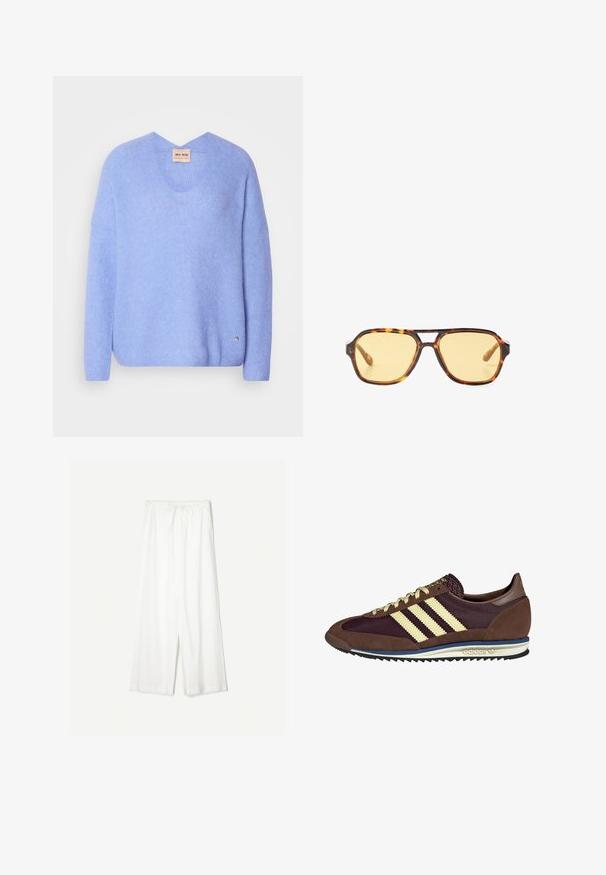 Világoskék kötött pulóver széles V-kivágással, leeső vállakkal és egy kis logóval a szegély közelében. Puha tapintású és laza szabású.; Fehér, laza szabású, gumis derekú nadrág, sima háttér előtt bemutatva, kiemelve az ellazult stílusát és az anyag textúráját.; Barna és bordó sneaker velúr és hálós anyagból, három krémcsíkkal, texturált anyaggal a nyelvén és gumitalppal.; Teknősbéka mintázatú napszemüveg geometrikus dizájnal, sárga lencsékkel és fém díszítésekkel a szárakon. Széles keret és matt textúra.; DRAGON DIFFUSION MINI FLAT GORA - Kézitáska - dark brown