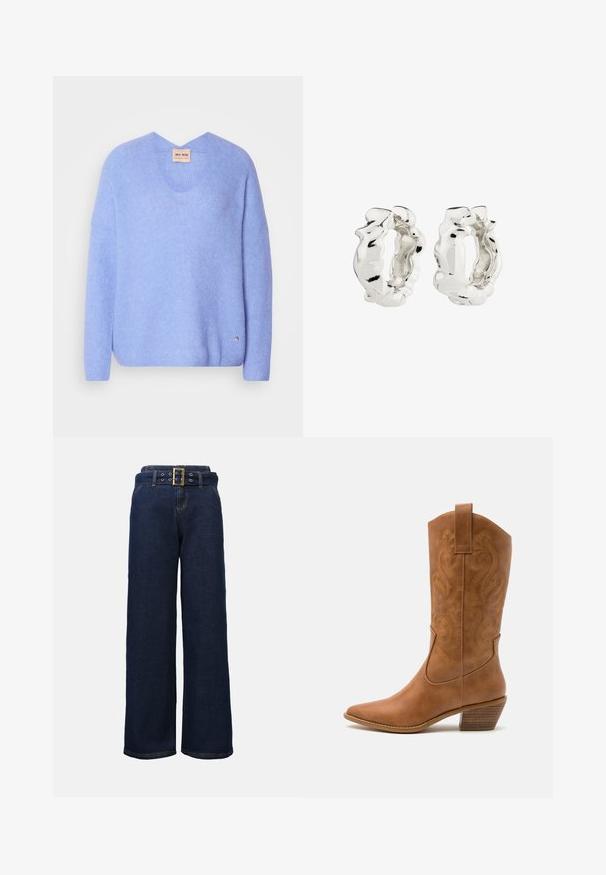 Helles blaues Strickpullover mit weiter V-Ausschnitt, abgesenkten Schultern und einem kleinen Logo-Detail am Saum. Weiche Textur und lässige Passform.; Dunkelblaue, weite Jeanshose mit gestickten Taschen und einem passenden Gürtel, der eine große rechteckige goldene Schnalle aufweist.; Braune Leder-Cowboy-Stiefel mit spitzem Zehenbereich, bestickten Wirbelmustern am Schaft und einem gestapelten Blockabsatz. Verfügt über einen Ziehriemen für das einfache Anziehen.; Silberne Creolen mit einem strukturierten, unregelmäßigen Design. Die Oberfläche ist glänzend und zeigt Kurven und Konturen. Der innere Raum ist hohl.