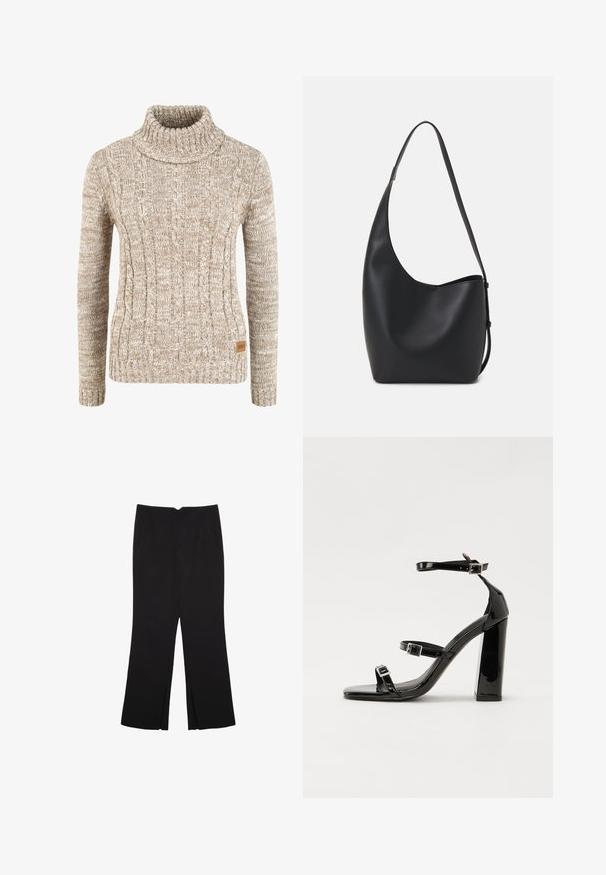 Beige Pullover aus Kabelstrick mit hohem Rollkragen, gerippten Bündchen und Saum. Enthält ein kleines braunes Etikett an der Unterseite. Weiche Textur.; Schwarze Hose mit geradem Schnitt, ausgestattet mit Fronttaschen und Seitenschlitzen am Saum. Hergestellt aus weichem, glattem Stoff. Geeignet für verschiedene Anlässe.; Schwarze Lackleder-Sandalen mit hohen Absätzen, zwei Riemen mit Schnallen, quadratischer Zehenpartie und klobigem Blockabsatz, mit einer glatten, glänzenden Textur.; Schwarze Leder-Hobo-Tasche mit einer glatten Textur, geschwungener Form und einem einzelnen verstellbaren Tragegurt; verfügt über eine weite Öffnung am oberen Ende.