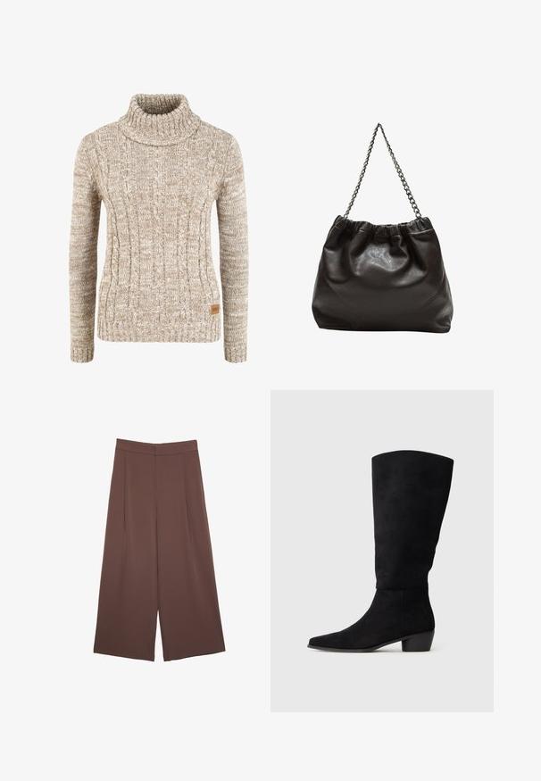 Beige kabelgebreide trui met een hoge col, geribbelde manchetten en zoom. Bevat een klein bruin label aan de onderzijde. Zachte textuur.; Bruine wijde broek met een gladde textuur, voorzien van een hoge taille en plooien aan de voorkant. De stof is lichtgewicht en valt losjes.; Zwarte suede kniehoge laars met een lage blokhak en een spitse neus, weergegeven in zijaanzicht op een effen lichtgrijze achtergrond.; Bruine leren tas met een geplooide bovenkant en een kettinghengsel. Glad textuur met een glanzende afwerking en subtiele naaddetails aan de zijkanten.