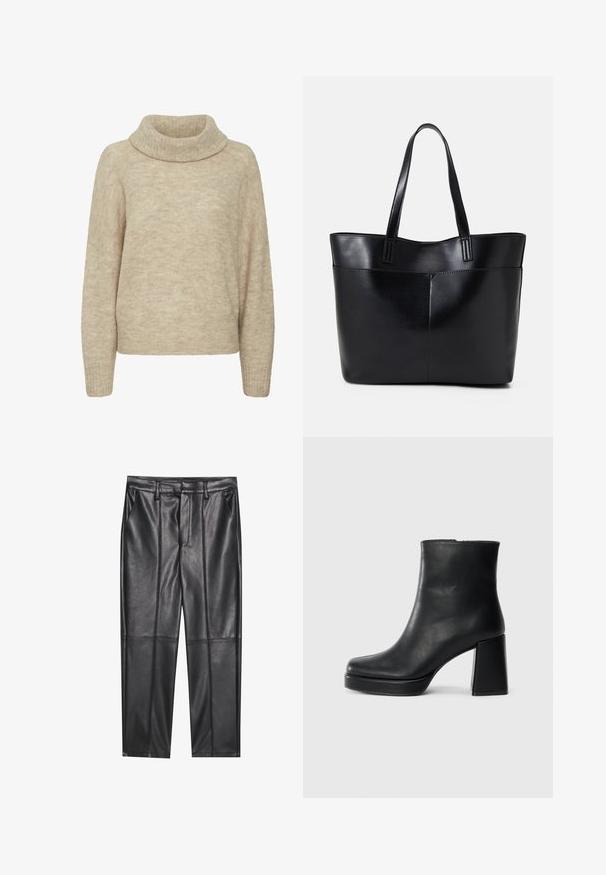 Beżowy sweter typu golf wykonanego z miękkiego materiału; luźny krój z długimi rękawami i prążkowanymi mankietami. Teksturowana powierzchnia z subtelnym wzorem.; Czarne skórzane spodnie o gładkiej fakturze, z prostym krojem, dwoma przednimi kieszeniami i widocznymi szwami.; Czarne skórzane botki za kostkę z blokowym obcasem i platformą, widok z boku na białym tle.; Czarna skórzana torba na ramię z dwoma długimi uchwytami, gładką teksturą i sztywną formą. Posiada przednią kieszeń dla dodatkowego przechowywania.