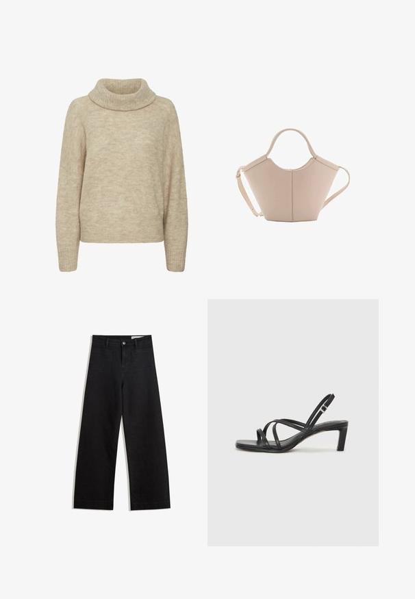 Beige Rollkragenpullover aus weichem Material; lässiger Schnitt mit langen Ärmeln und gerippten Bündchen. Strukturierte Oberfläche mit einem dezenten Muster.; Schwarze weit geschnittene Jeans mit hoher Taille, ausgestattet mit Vorder- und Hintertaschen, gesteppten Nähten und einem Knopfverschluss. Glatte Textur.; Schwarze Sandale mit Riemchen, quadratischer Zehenform und niedrigem Blockabsatz. Verfügt über mehrere dünne Riemen und einen verstellbaren Knöchelriemen. Hergestellt aus glattem Leder.; Beige Lederhandtasche mit einer einzigartigen Form, die zwei kurze Henkel und einen langen verstellbaren Riemen aufweist. Glatte Textur mit minimalen Hardware-Elementen.