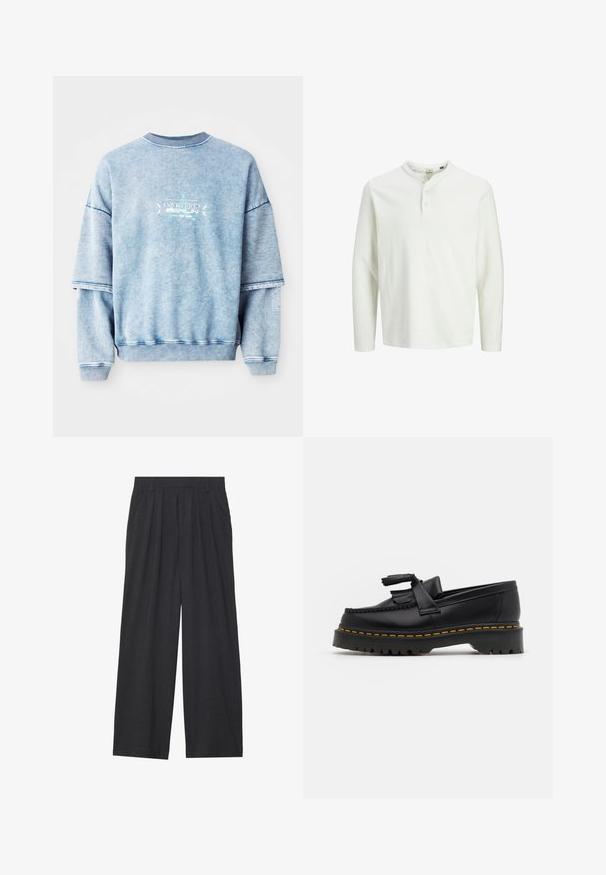Felpa in cotone blu con spalle scese, collo a costine e dettagli ricamati. Presenta una vestibilità rilassata e un tessuto testurizzato.; Camicia henley bianca a maniche lunghe con tre bottoni e scollatura rotonda, esposta su uno sfondo bianco semplice.; Pantaloni a gamba larga realizzati in tessuto grigio scuro. Presentano pences in vita, un design sartoriale e una silhouette dritta.; Mocassino in pelle nera con un'accento a frange, dotato di una suola nera spessa e cuciture gialle lungo il bordo. Finitura testurizzata.